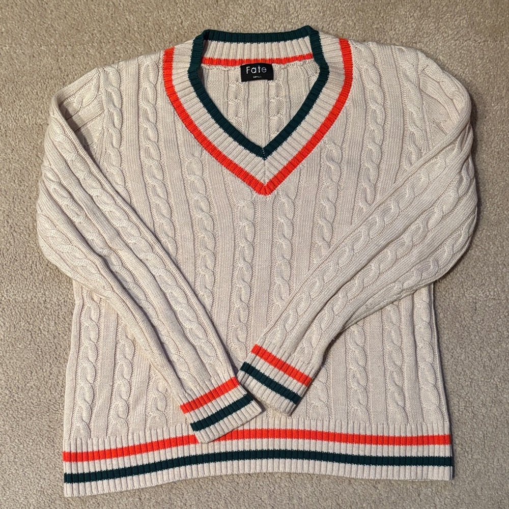 Fate Women's V-Neck Sweater in Cream with Orange and Green Accents